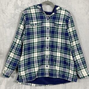 LL Bean Flannel Shirt Mens L Blue White Plaid Hooded Fleece Lined Jacket Utility